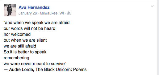 and when we speak we are afraid; our words will not be heard; nor welcomed; but when we are silent; we are still afraid; So it is better to speak; remembering; we were never meant to surivive — Audre Lorde, The Black Unicorn: Poems