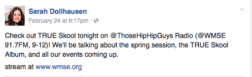 Check out TRUE Skool tonight on @ThoseHipHipGuys Radio (@WMSE 91.7FM, 9-12)! We’ll be talking aout the spring session, the TRUE Skool Album, and all our events coming up. Stream at www.wmse.org.