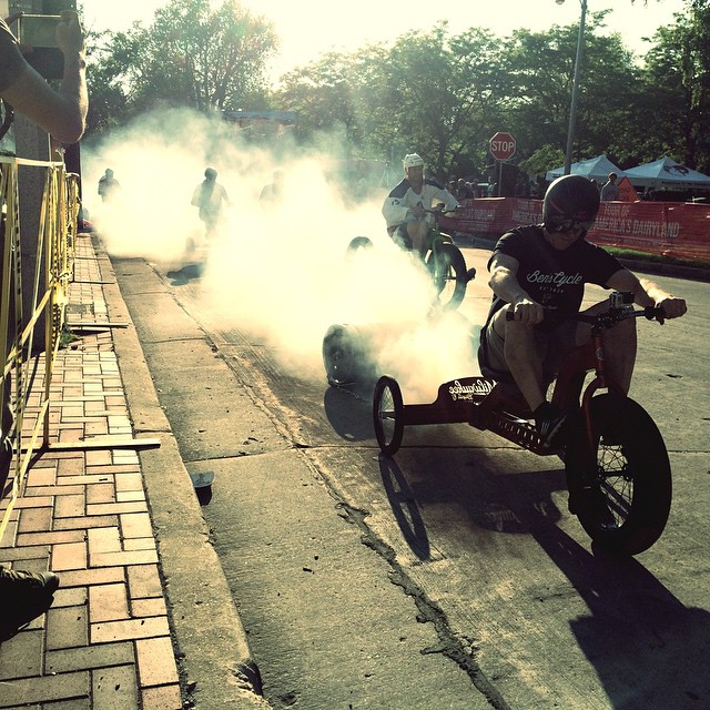 Oversized, adult trike and big wheel race